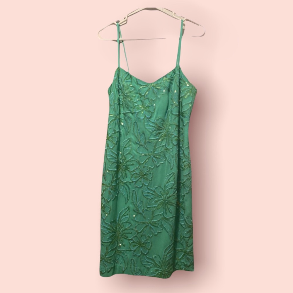 Lilly Pulitzer Green Floral Sequin Embellished Dress Silk Size 4